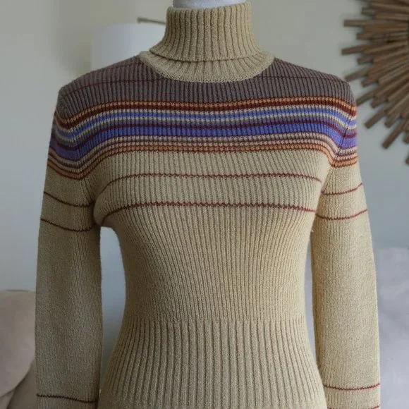 Vintage Bargello Knitted Camel Colored Striped Turtleneck Sweater Dress - Picture 3 of 11